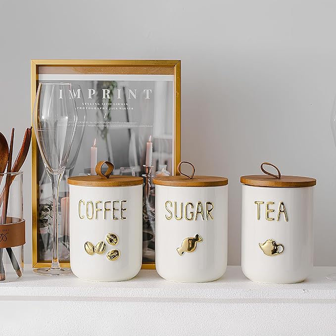 Comeon Ceramic Canister Set with Airtight Seal Bamboo Lid Silicone, 27oz Food Storage Jars for Coffee Sugar Tea, Container Set for Kitchen Pantry Counter Decor (Coffee)