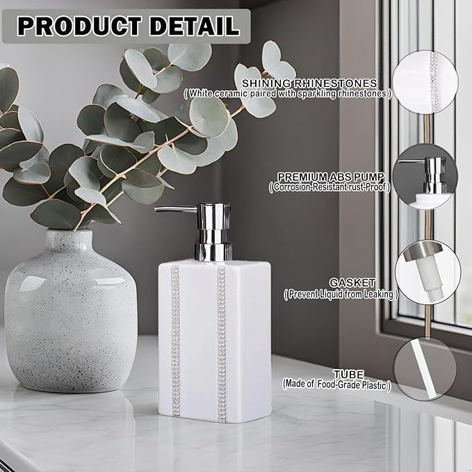 18 OZ Hand Liquid&Lotion Soap Dispenser Ceramic White Lotion Pump Bottle for Kitchen Bathroom Countertop Laundry Room Holds Dish Soap Shampoo Laundry Liquid Shower Gel(Inlaid Rhinestone)