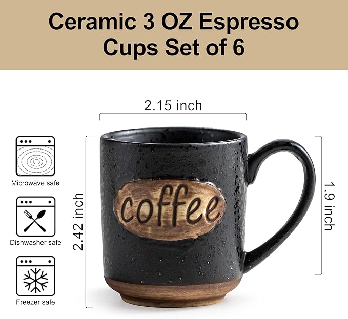 LYEOBOH Coffee Cups, Espresso Cups, Tea Cup, Coffee Mugs Set of 6, 3 oz Ceramic Espresso Cups, Cute Mini Demitasse Cups with Handle for Bar & Home Microwave & Dishwasher Safe, Black