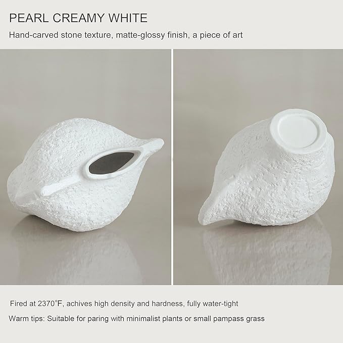 White Ceramic Vase, Modern Farmhouse Style for Table, Kitchen, Bookshelf, Entryway, Counter, Vanity Decor, Stone Textured Small Artistic Handmade Vase for Pampas Grass, Flowers