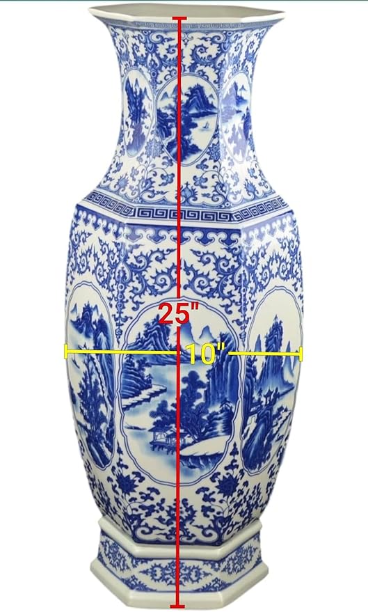 25" Classic Blue and White Hexagonal Lotus Porcelain Vase, Ceramic Vase Jingdezhen, China Qing Style （D9）
