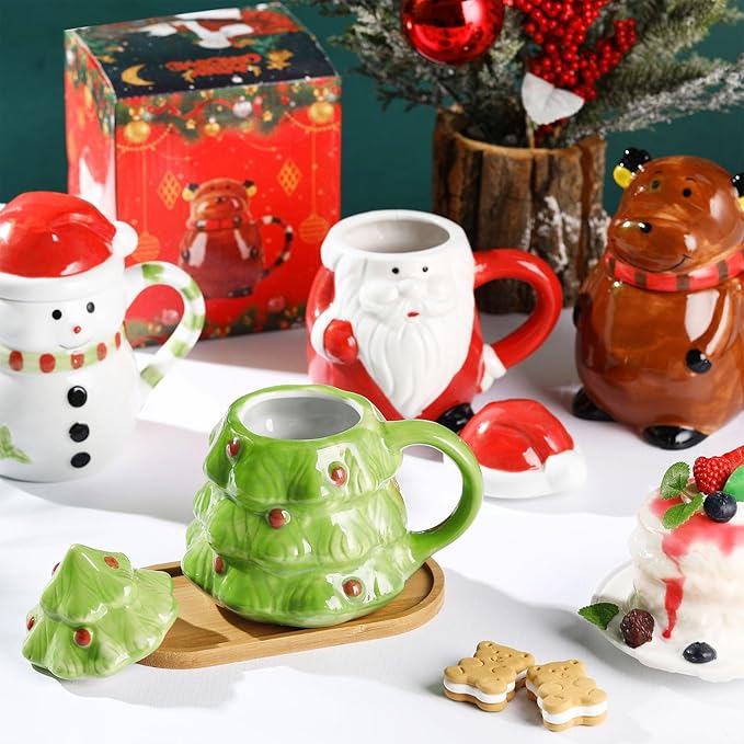 Baderke 4 Set Santa Mug Bulk with Lid 14 oz Christmas Ceramic Coffee Mug Santa Snowman Reindeer Xmas Tree Porcelain Latte Tea Cup for Holiday Christmas Birthday Men Women Gifts