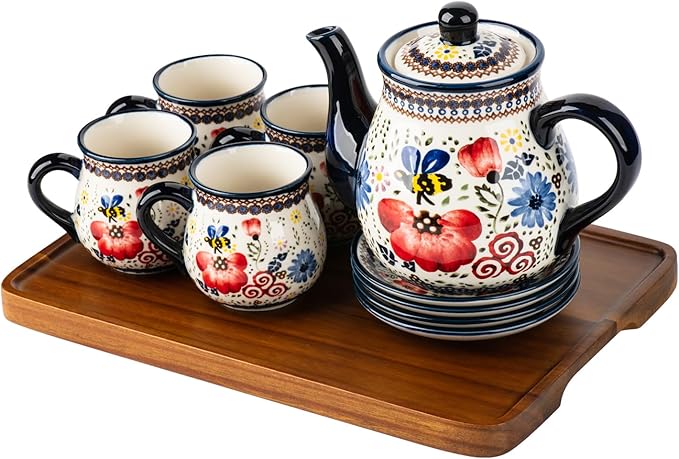 polish pottery style porcelain ceramic 10 piece Tea set,7.2oz tea cup and sauce set of 4,28.2oz teapot and 1wooden tray (Honey Bee Flower)