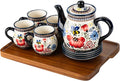 polish pottery style porcelain ceramic 10 piece Tea set,7.2oz tea cup and sauce set of 4,28.2oz teapot and 1wooden tray (Honey Bee Flower)
