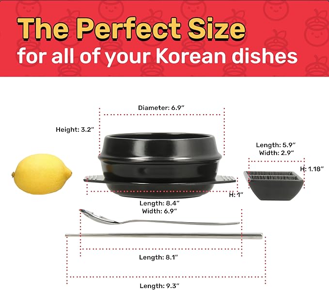 Korean Stone Pot Set (7-piece, 38.7oz with Hot Pot Grip), Ttukbaegi, Dolsot, Korean Soup Bowl, Ceramic Pots for Cooking, Soup Pot, Earthenware Claypot, Bibimbap, Ramen