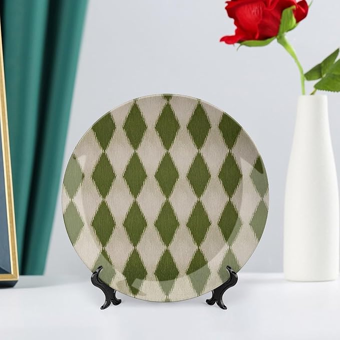 Custom Gifts Ceramic Decorative Plate, Geometric Ikat in Forest Green Wall Hanging Decorative Plate Wedding Unique Art with Stand, Country Decor for Kitchen Housewarming Gifts Wall, 6", 7", 8", 10"