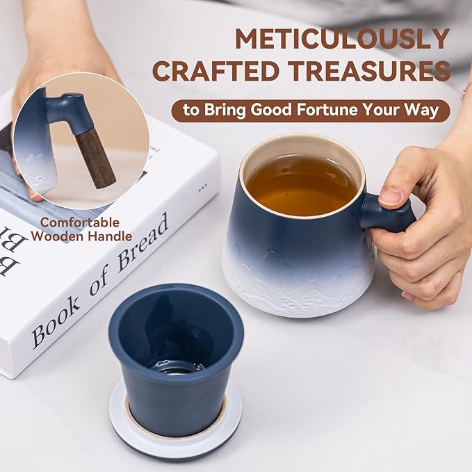 Ceramic Tea Mug with Infuser & Lid, 15oz Kiln-Transformed Unique Cup – Nature's Artisan Design, Loose Leaf Tea Cup with Infuser, Insulated Ceramic Coffee Mugs with Lid, Gift for Women/Men