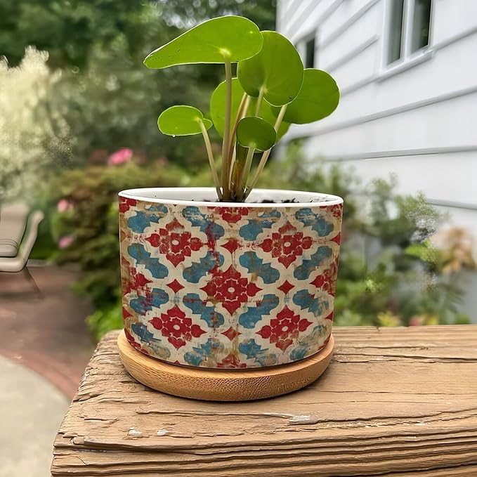 DreamAutumn Geometric Kilim Moroccan Ikat Planter Ceramic Round Plant Pots with Drainage Holes and Bamboo Tray Planting Small Flower Pots for Home Windowsill Desk Garden Indoor Outdoor Use