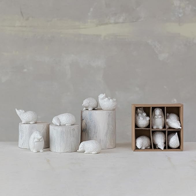 Creative Co-Op Stoneware Figurine Hedgehogs Accent Decor, Set of 6 Pieces, White