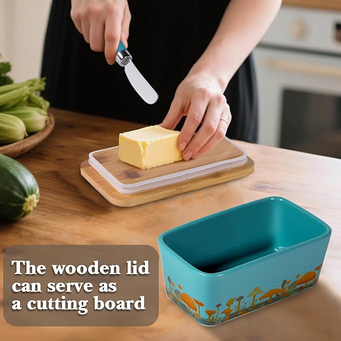 Mushroom Butter Dish with Lid,Large Butter Crock Keeper Saver,Ceramic Butter Container for Countertop with Highly Sealed Silicone Thick Wooden Lid for Kitchen Farmhouse Decor (Thin Blue, Mushroom)