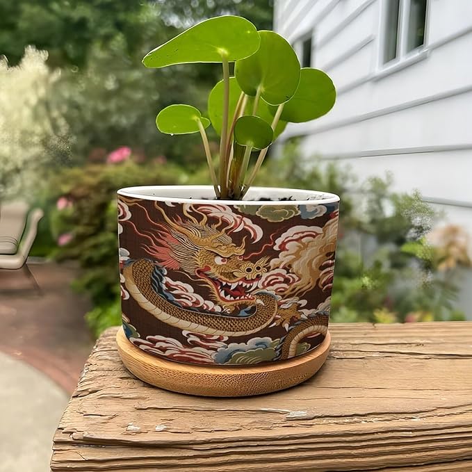 Chiang Dragon Ceramic Planters Chinoiserie Asian Pots for Plants with Drainage Holes and Saucers Pot for Indoor Outdoor Garden