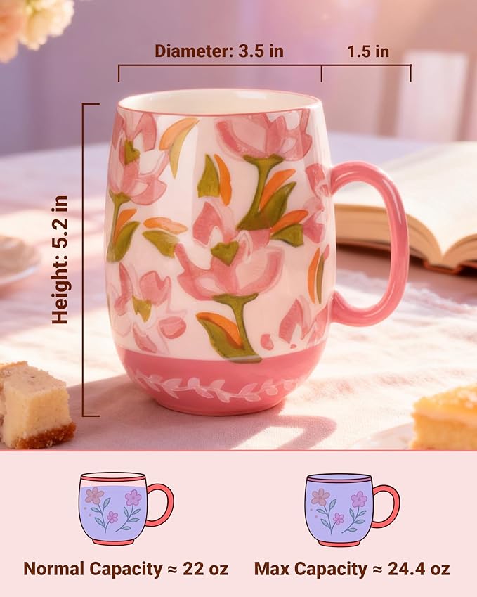 Large 24oz Ceramic Coffee Mug with Handle for Coffee or Tea, Hand-Painted Floral Pottery Mug for Women, Durable Microwave & Dishwasher Safe, Christmas Gift for Family, Holiday & Fall Decor