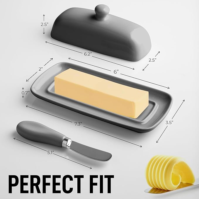 Zulay Butter Dish With Lid For Countertop - Porcelain Gray, Ceramic Butter Dish with Knob Handle Great for Cooking - Elegant Design Butter Holder - Durable & Sturdy Butter Keeper - Gray
