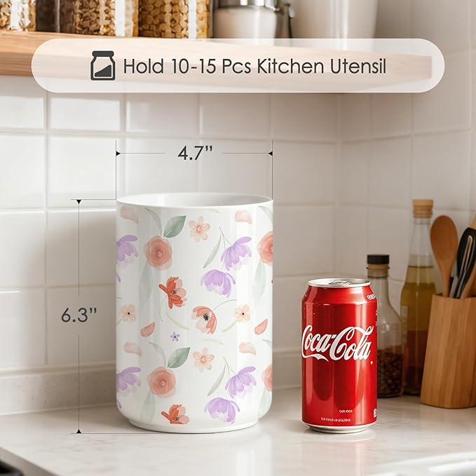 Wildflowers Utensil Holder,Countertop Ceramic Utensil Holder,Large Cooking Utensil Crocks for Kitchen Counter Decor,Ceramic Vase for Kitchen Utensils,6.3"+4.7"(Flower Language)
