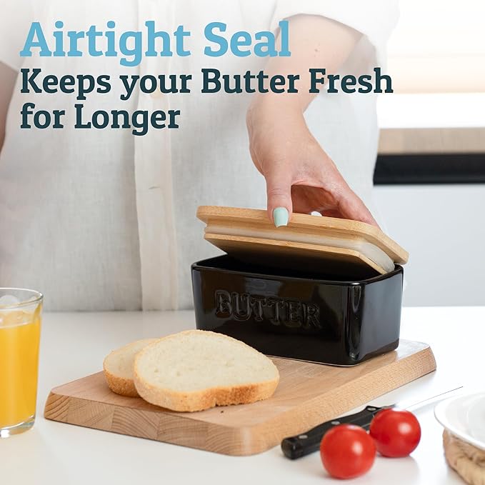 PriorityChef Extra Large Butter Dish with Lid for Countertop, Ceramic Butter Container With Airtight Cover, Butter Keeper for Counter or Fridge, Black Butter Holder Storage
