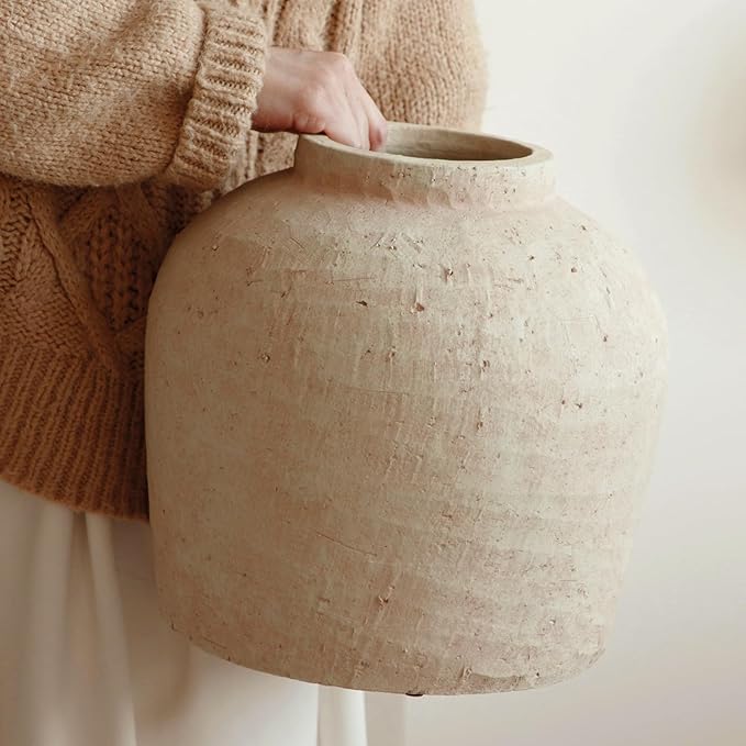 Large Ceramic Vase, 11" Rustic Farmhouse Terracotta Vase for Home Decor, Artisan Decorative Flower Vase for Living Room, Table Centerpiece, Bedroom (Terracotta Beige)