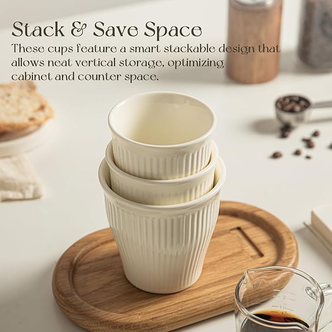 KEMORELA Espresso Cups Set of 3 – 5.5oz/7oz/10oz Ceramic Espresso Cups, Handleless Mug, Japanese Tea Cups， Ceramic Cups no Handles， Microwave and Dishwasher Safe, Barista Use, Asian Matcha Cup, White