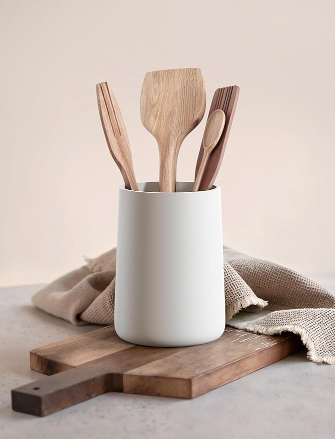 Utensil Holder – 7" Tall x 5.2" Diameter Kitchen Utensil Organizer for Countertop (Matte White, 1 Pack)