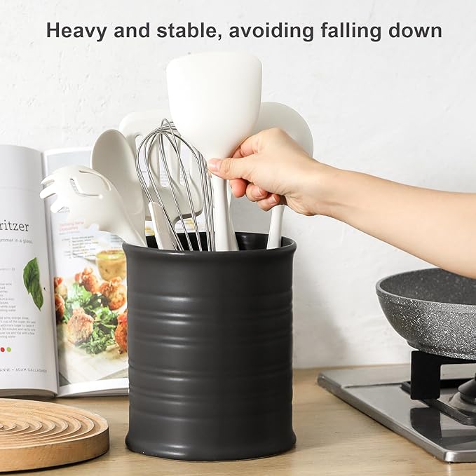 Nihow Kitchen Utensil Holder and Spoon Rest: Ceramic Utensil Holder for Countertop - Stable Utensil Crock for Kitchen Counter Decor - Elegant Matte Black
