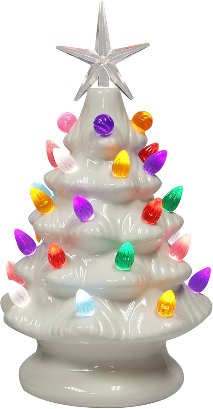 MOMENTS IN TIME Ceramic Christmas Tree 9” White LED Lighted Pre-Lit Tabletop Tree with Multicolor Bulbs & Star Topper, Battery Operated Holiday Décor