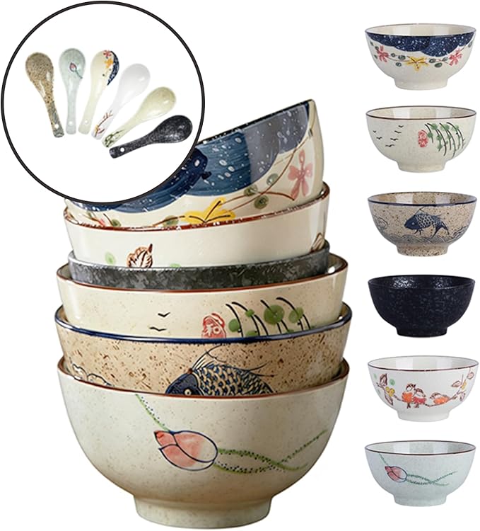 DAYUMKOU 6 Pack Decorative Ceramic Bowls, 4.5 Inch Retro Hand-Painted Chinese Bowls, 10 Oz Japanese Rice Bowls Set with 6 Spoons for Snack Ice Cream Noodles Rice Cereal Salad