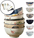 DAYUMKOU 6 Pack Decorative Ceramic Bowls, 4.5 Inch Retro Hand-Painted Chinese Bowls, 10 Oz Japanese Rice Bowls Set with 6 Spoons for Snack Ice Cream Noodles Rice Cereal Salad