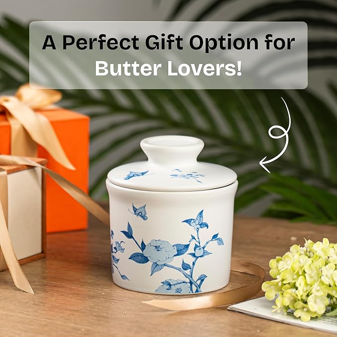 Stoneware Butter Crock with Lid, Ceramic Butter Dish with Water Line, Countertop Butter Keeper, Butter Holder for Countertop, Flower