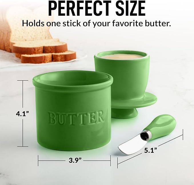 Zulay Kitchen Bell Shaped Butter Crock with Lid for Countertop with Water Line & Spreader Knife, Ceramic French Butter Dish Keeper For Fresh, Soft & Spreadable Butter - Green