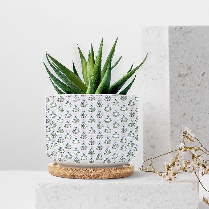 Blue Floral Ceramic Planter Mughal Flower Planters for Indoor Plants with Drainage Holes and Saucers Pot for Pots Outdoor Indoor Plants