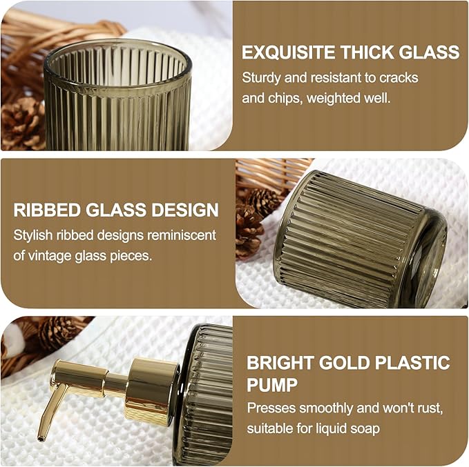 Brown Glass Bathroom Accessories 4 Pcs, Brown Bathroom Set, Soap Dispenser and Toothbrush Holder Set, Qtip Holder Set, Vintage Bathroom Sink Set, Modern Bathroom Decor