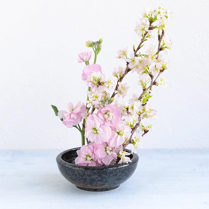 Wazakura Minoyaki Series Small Round Glazed Ikebana Flower Vase Made in Japan, Handpainted Floral Arrangement Pottery Supplies - Black with Brown White Brush