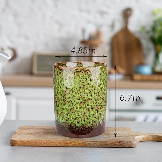 Utensil Holder, Green Ceramic Kitchen Utensil Holder for Countertop, Large Cooking Utensil Crocks for Kitchen Counter, Morden Utensil Organizer for Spatula, kitchen Decor