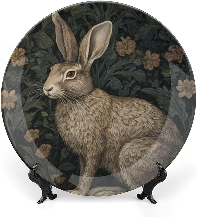 Vintage William Morris Rabbit Decorative Plate, Art Nouveau Raven in The Garden Personalized Ceramic Dinner Plate for Festival Wedding Decor, Unique Art with Stand Art Decorations for Home Wall