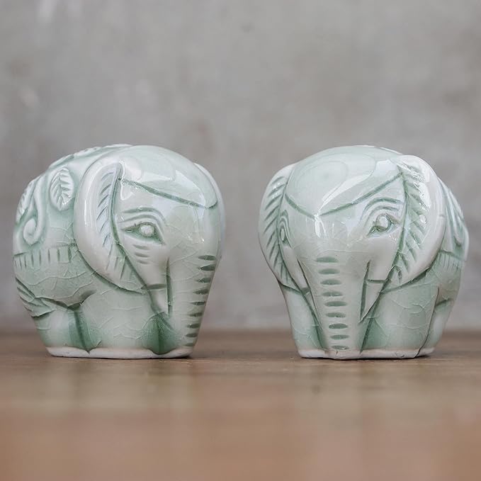NOVICA Green Animal Themed Ceramic Sculpture from Thailand 'Elephant Paramours' (Pair)