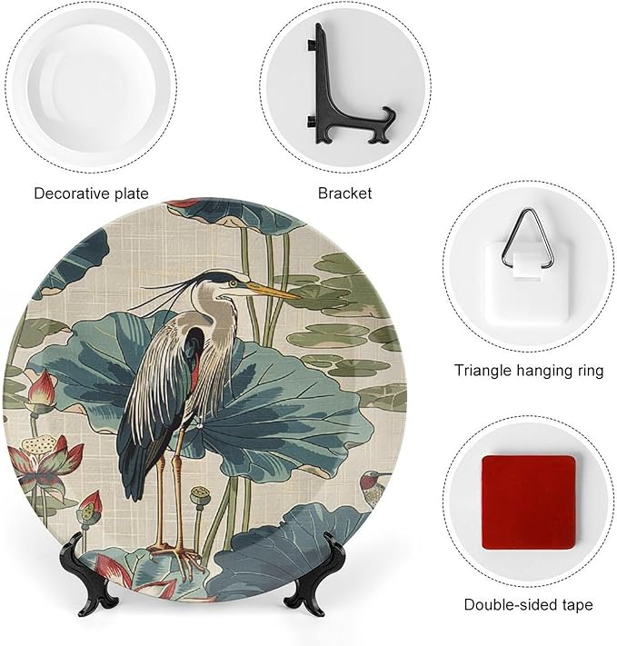 Birds And Lotus Flowers Vintage Plates of 6", 7", 9", 10", Personalized Wall Art Hanging Plate, Art Decoration Farmhouse Decorations Office, with Vertical Stand