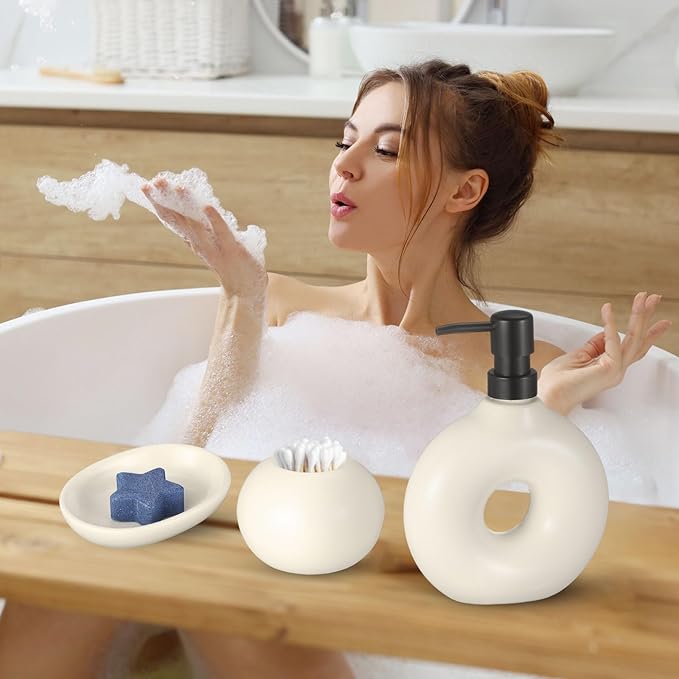 5 Pcs Ceramic Bathroom Accessories Set, Beige Counter Includes Soap Dispenser Toothbrush Cup Holder Soap Box Qtip Holder Stylish Modern Bathroom Matte Glaze Decor(White)