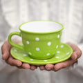 City to Cottage Handmade Lime Green and White Polka Dot Large Ceramic 12oz/350ml Cappuccino Coffee Tea Cup and Saucer, Unique Designer Pottery for Tea Lovers