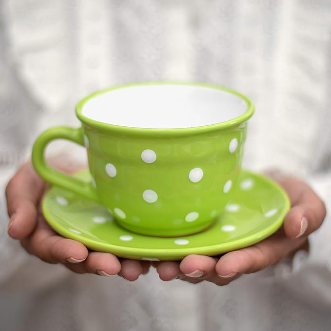City to Cottage Handmade Lime Green and White Polka Dot Large Ceramic 12oz/350ml Cappuccino Coffee Tea Cup and Saucer, Unique Designer Pottery for Tea Lovers