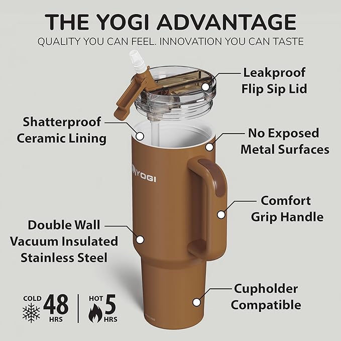 YOGI Ceramic Lined Metal Allergy Safe 30oz Tumbler with Handle and Straw Leakproof Flip & Sip Lid Vacuum Insulated Stainless Steel Travel Cup for Iced Coffee Water and All-Day Hydration 30oz Amber