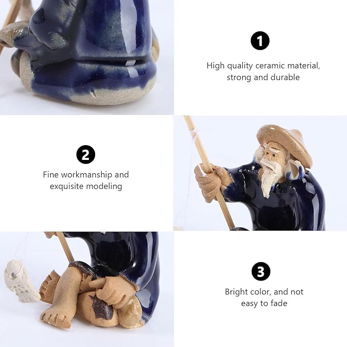 Jiang-tai Gong Fish Old Man Statue - Mini Asian Zen Figurines for Aquarium, Fish Tank, Garden Pot & Home Decor - Vintage Sandstone Look Ceramic Sculpture | Lucky Ornament, Bonsai 2pcs