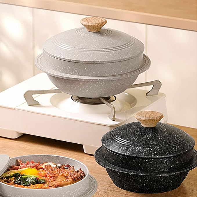 Korean Dutch Oven, Rice Pot, 63 oz Enameled Cast Aluminum Pot with Lid, Korean Stone Bowl for Induction, White