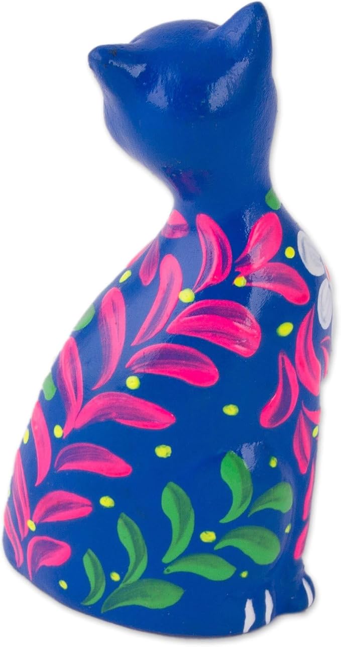 NOVICA Artisan Handcrafted Ceramic Figurine Peruvian Artisan Floral Cat Blue Multicolor Sculpture Painted [3.9in H x 2.2in W x 1.6in D] ' Sweet Cat in Blue'