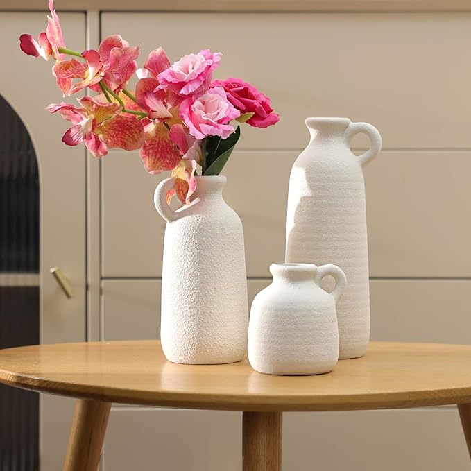 Ceramic Vase Set of 3 with Handle, White Modern Farmhouse Vases for Pampas Grass & Dried Flowers, Flower Vase for Table Living Room Home Decor