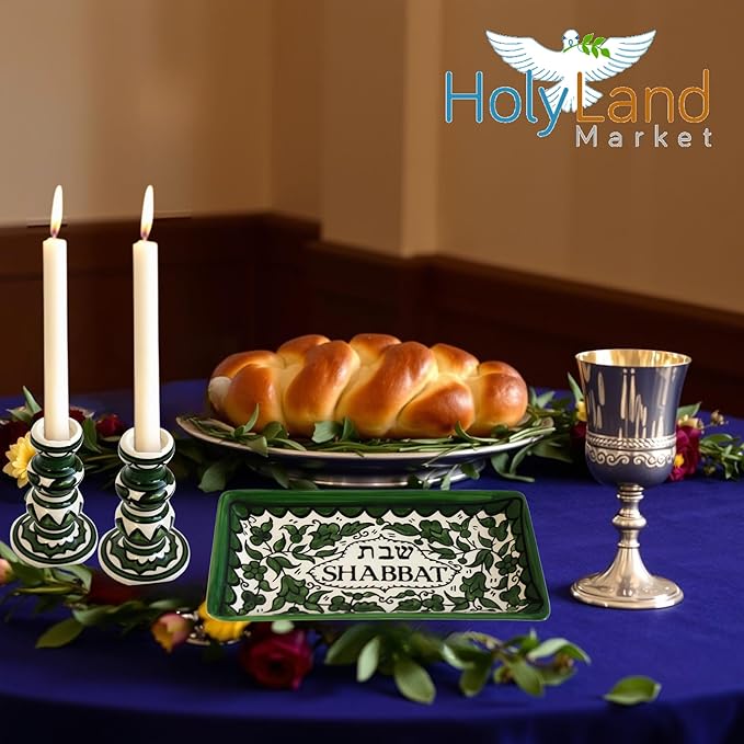 Holy Land Market Shabbat Candlestick Set - Colorful Ceramic Candlesticks with Matching Plate for Shabbat and Holidays (Green)