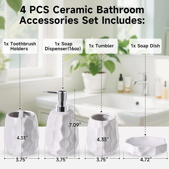 Ceramic Bathroom Accessories Set 4 PCS,Bathroom Toothbrush Holder Set,Soap and Toothbrush Holder Set,Include Toothbrush Holder,Soap Dispenser,Tumbler,Soap Dish,Bathroom Sets Decor Organizer (White)