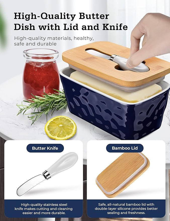 Butter Dish with Lid: Large Butter Dish for Countertop - Ceramic Butter Container with Knife Double Silicone Seal - Unique Stone Butter Dishes with Covers for Farmhouse Kitchen Decor Home Decor Blue