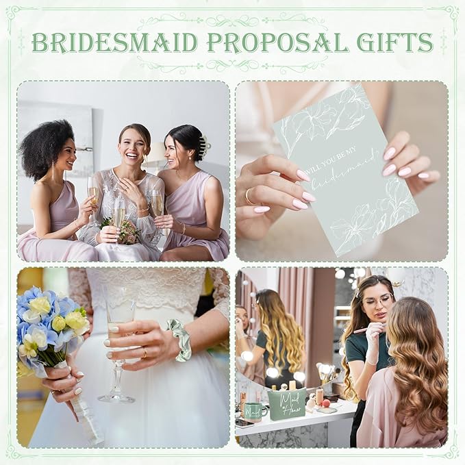 42 Pcs 6 Sets Wedding Favors Bridesmaid Proposal Gifts Maid of Honor Ceramic Coffee Cups Cosmetic Makeup Bags Invited Cards Scrunchies Knotted Bracelets Jewelry Bags Hair Claw Clips(Green)