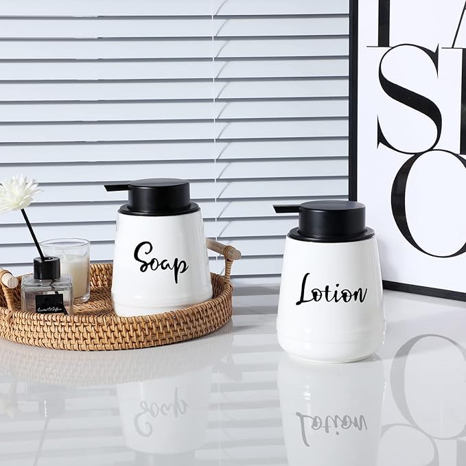 LEETOYI Farmhouse Ceramic Soap and Lotion Dispenser Set with Pump 14oz for Bathroom (White)