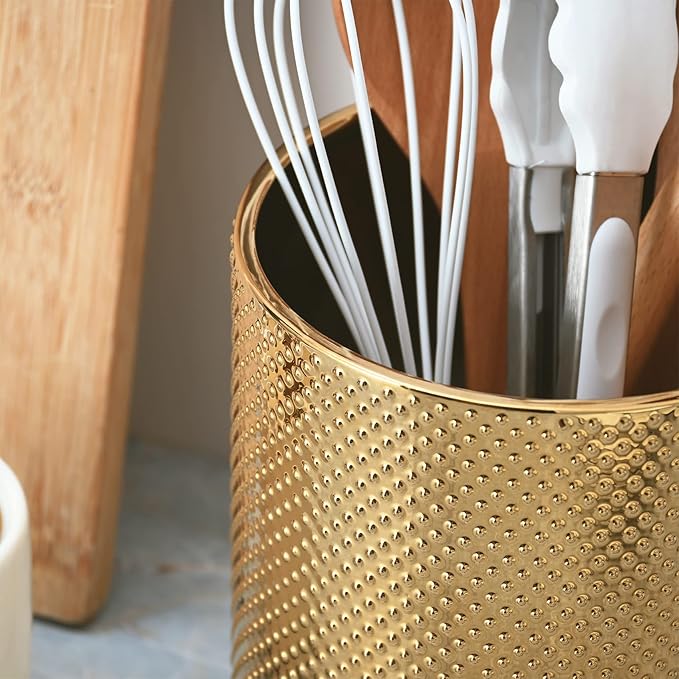 Ceramic Utensil Holder for Kitchen Counter, Gold Utensil Holder for Countertop, 5.1 W x 6.6 H inches