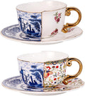 KAMMAK Tea Cups and Saucers Set of 2, Fine Bone China Coffee Cups, 8.5-Ounce Stackable Espresso Mugs, Ceramic Demitasse for Coffee, Cappuccino, Latte, Americano, Tea, Doozy + Rose